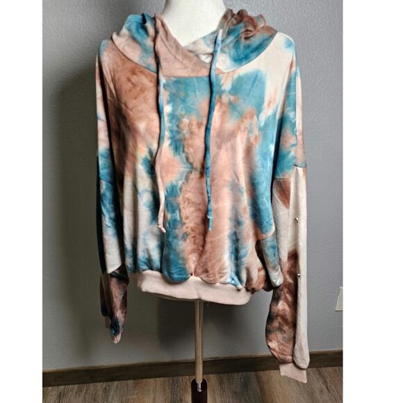 NWT Hem and Thread Womens Tie Die Oversized Hoodie Teal and Brown Large - Picture 8 of 15